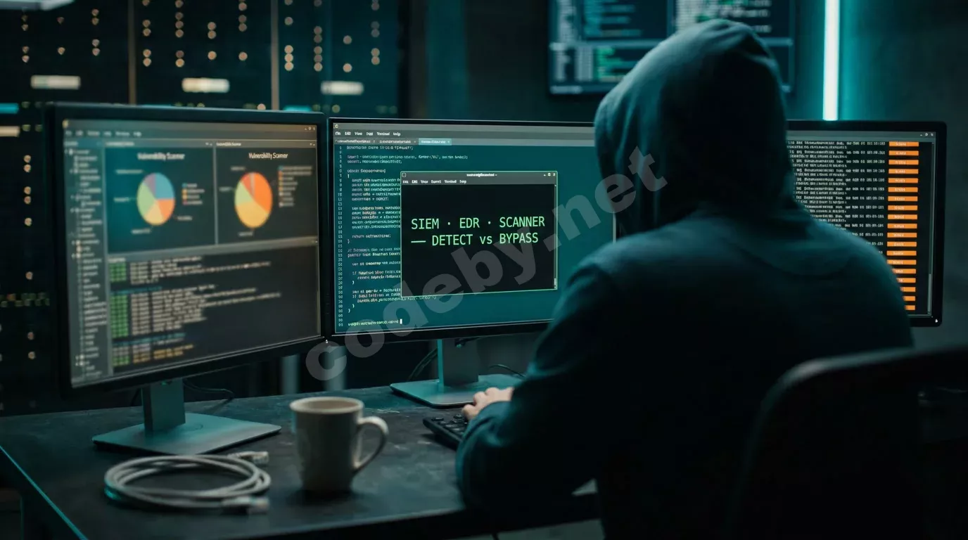 Исследователь безопасности со спины за тёмным столом перед тремя мониторами в полутёмном SOC. Экраны отображают терминал, дашборды сканера и панели корреляции логов в зеленоватом и янтарном свечении.