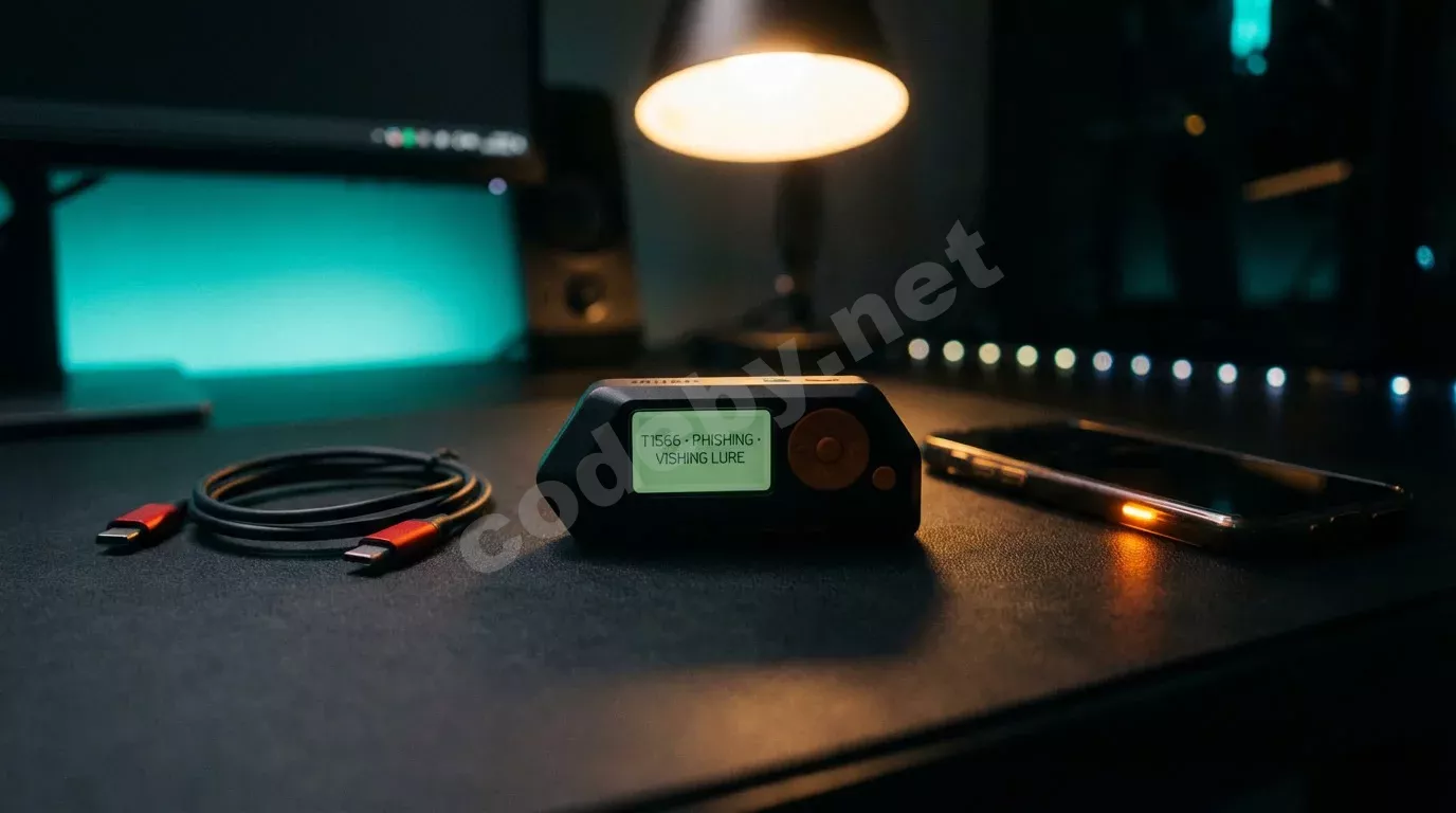 Флиппер Зеро на матовом чёрном столе с зелёным текстом на дисплее, рядом смартфон с янтарным уведомлением о пропущенном звонке. Тёплый свет лампы и размытый тёмный фон.