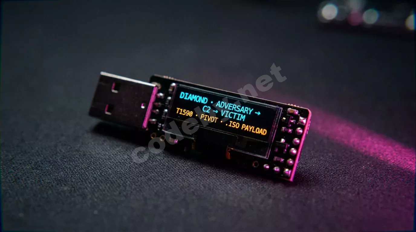Макросъёмка тёмной печатной платы USB-имплантата на антистатическом коврике: миниатюрный OLED-экран выводит цианом и янтарём цепочку атрибуции атаки. Резкий магентовый свет подчёркивает пайку и тек...