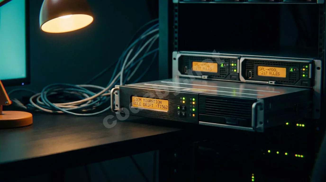 Серверный блейд, наполовину извлечённый из стойки, с янтарным текстом на дисплее передней панели. Спутанные кабели уходят в тёмно-бирюзовую тень под конусом тёплого света.