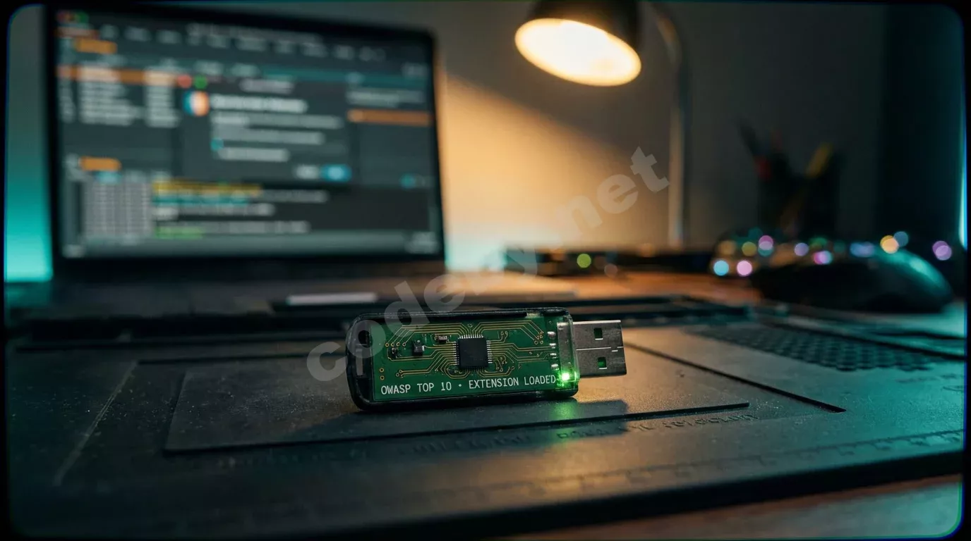 Вскрытый USB-накопитель на антистатическом коврике с надписью на плате и светящимся зелёным светодиодом. За ним — ноутбук с панелью расширений в янтарно-бирюзовом свечении.