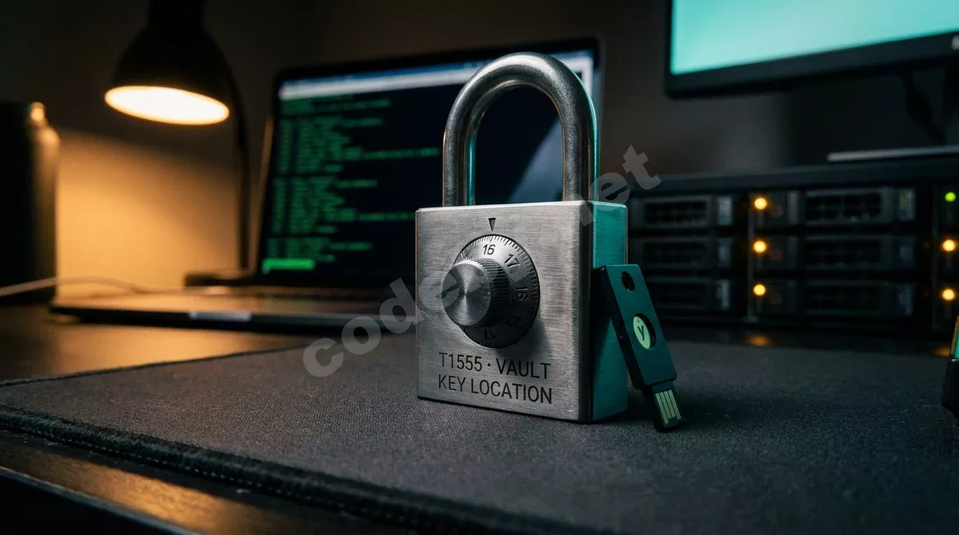 Кодовый замок на тёмном антистатическом коврике рядом с ключом YubiKey. Боке ноутбука с зелёным терминалом и янтарными огнями стойки на фоне.