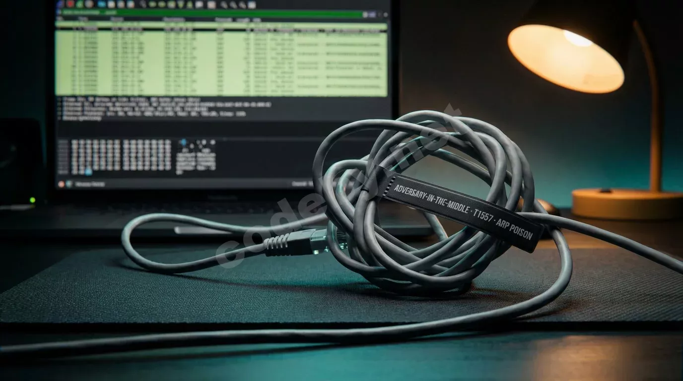 Спутанный кабель Ethernet на тёмном антистатическом коврике, подсвеченный бирюзовым светом снизу. На заднем плане в боке — экран ноутбука с колонками пакетов Wireshark.