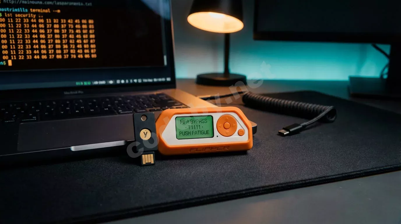 Ключ YubiKey и устройство Flipper Zero на тёмном антистатическом коврике. Экран Flipper светится зелёным текстом, позади — янтарное свечение терминала на ноутбуке.