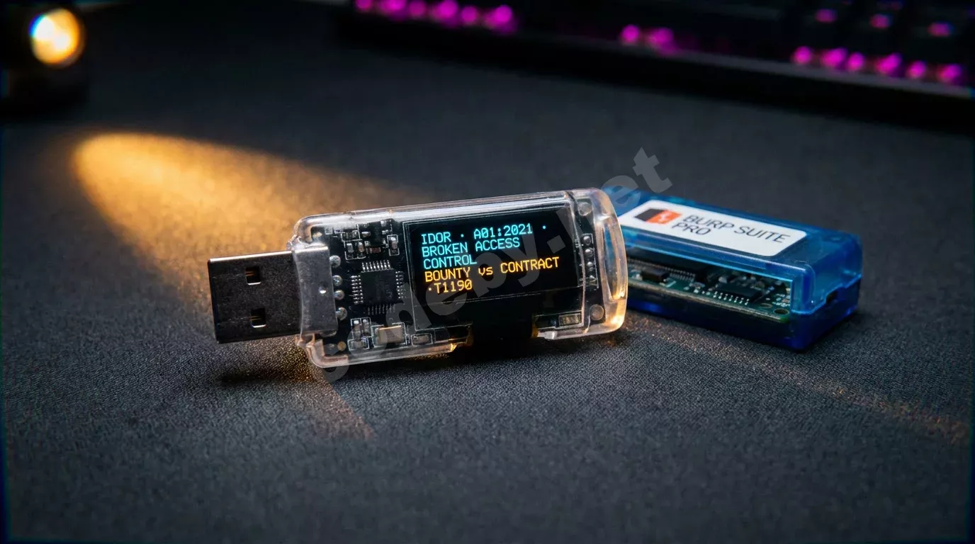 Макросъёмка USB-имплантата на антистатическом коврике рядом с донглом Burp Suite. Янтарный боковой свет выхватывает пайку и дорожки платы, OLED-дисплей светится циановым текстом.