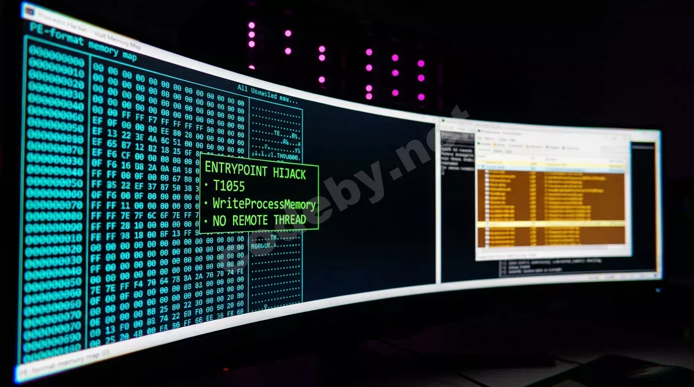 Тёмная лаборатория с изогнутым монитором, отображающим карту памяти PE-формата с перезаписанной точкой входа. Второй экран показывает структуры LDR процесса в янтарном свечении.
