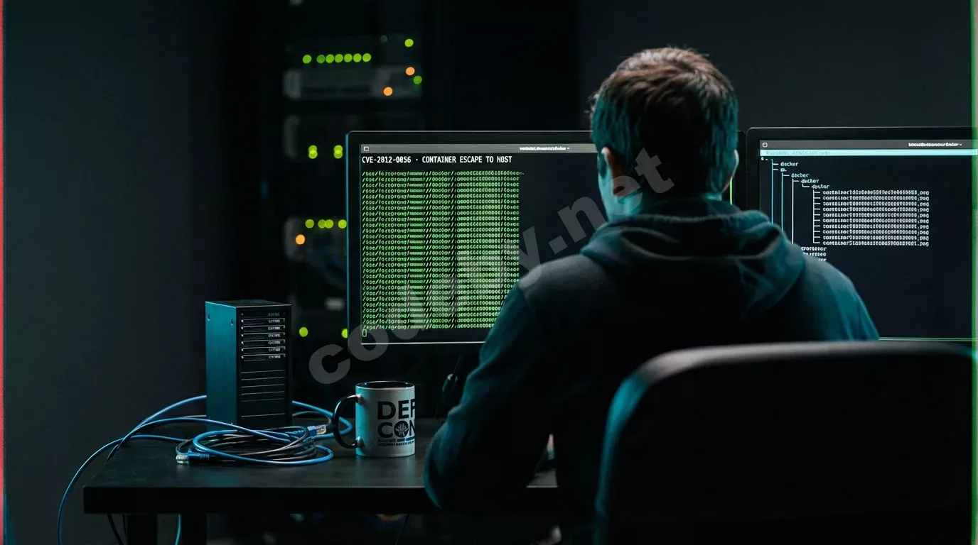Исследователь безопасности у тёмной рабочей станции с двумя мониторами. Экраны с зелёным терминалом и деревом процессов Docker отбрасывают сине-зелёный свет на стол с серверной моделью и кружкой кофе.