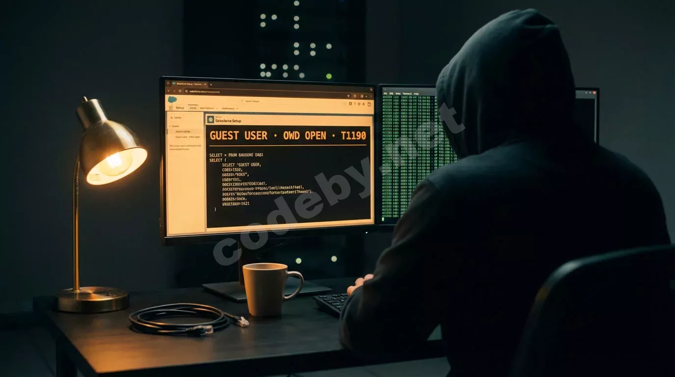 Инженер по безопасности за тёмной двухмониторной рабочей станцией: на экране интерфейс Salesforce с SOQL-запросом, на втором — зелёный терминал с логами доступа.