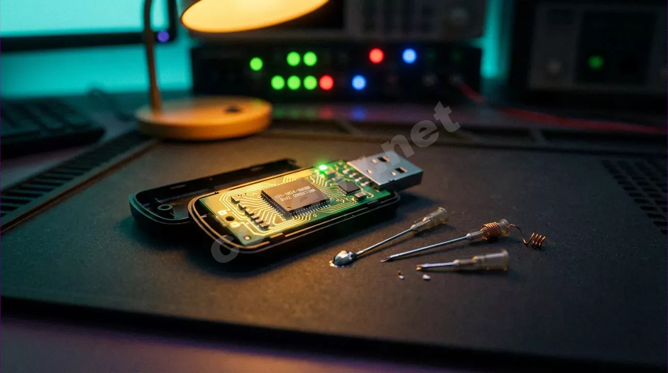 Вскрытый USB-накопитель на антистатическом коврике с видимой платой и тремя миниатюрными иглами рядом. Тёплый янтарный свет лампы контрастирует с холодным бирюзовым отсветом монитора.