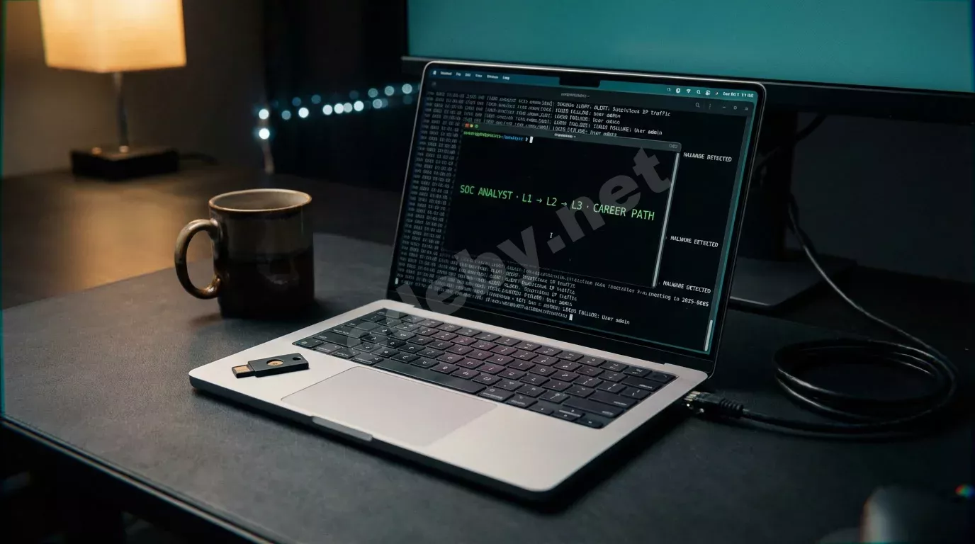 Ноутбук на тёмном столе светится терминалом с путём карьеры SOC-аналитика. Рядом лежат YubiKey и кофейная кружка, в тени тянется витой кабель.