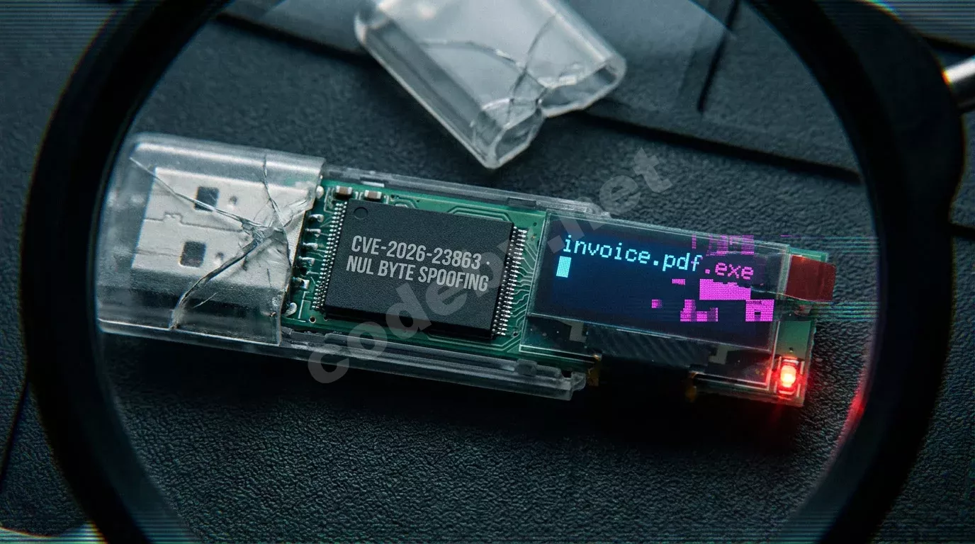 Вскрытый USB-накопитель на чёрном антистатическом коврике с чипом памяти, на экране рядом — обрезанное имя файла с мерцающим курсором и скрытым расширением.