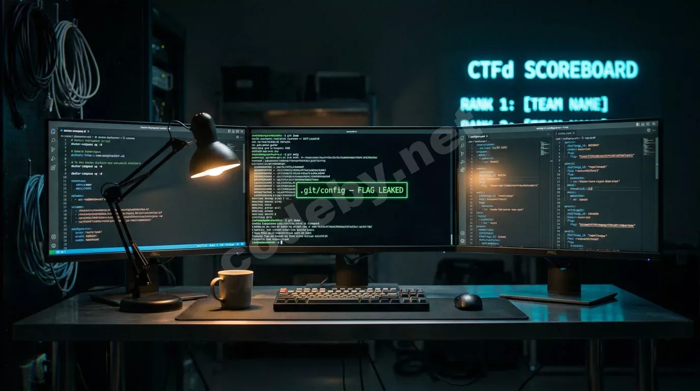 Рабочее место CTF-разработчика ночью: три монитора с терминалом, Git-репозиторием и YAML-файлами заданий. Тёплый свет лампы на клавиатуре, холодное свечение экранов в тёмной комнате.