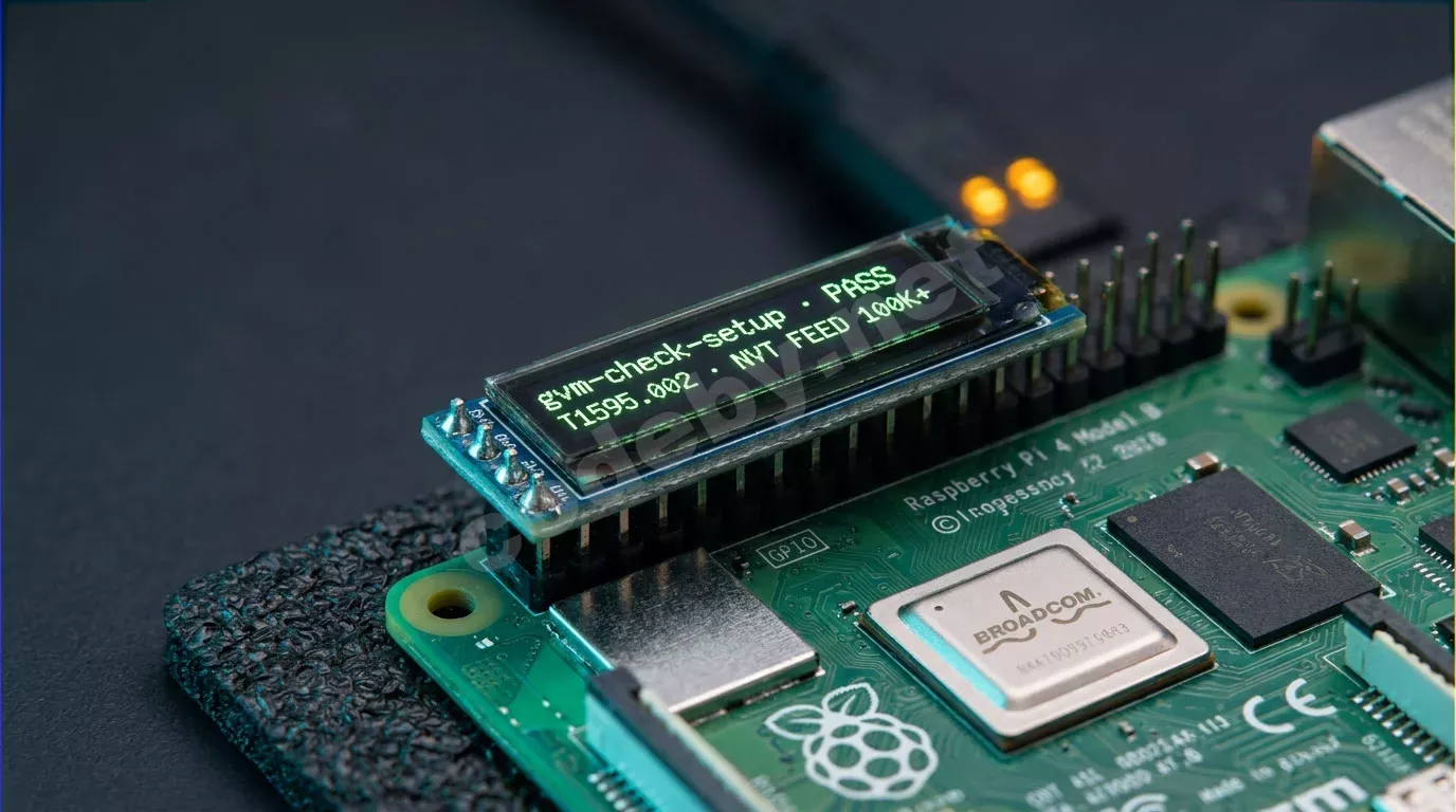 Макросъёмка платы Raspberry Pi 4 на тёмном антистатическом коврике: миниатюрный OLED-экран показывает статус проверки настройки сканера и данные фида уязвимостей зелёным моноширинным шрифтом. Резки...