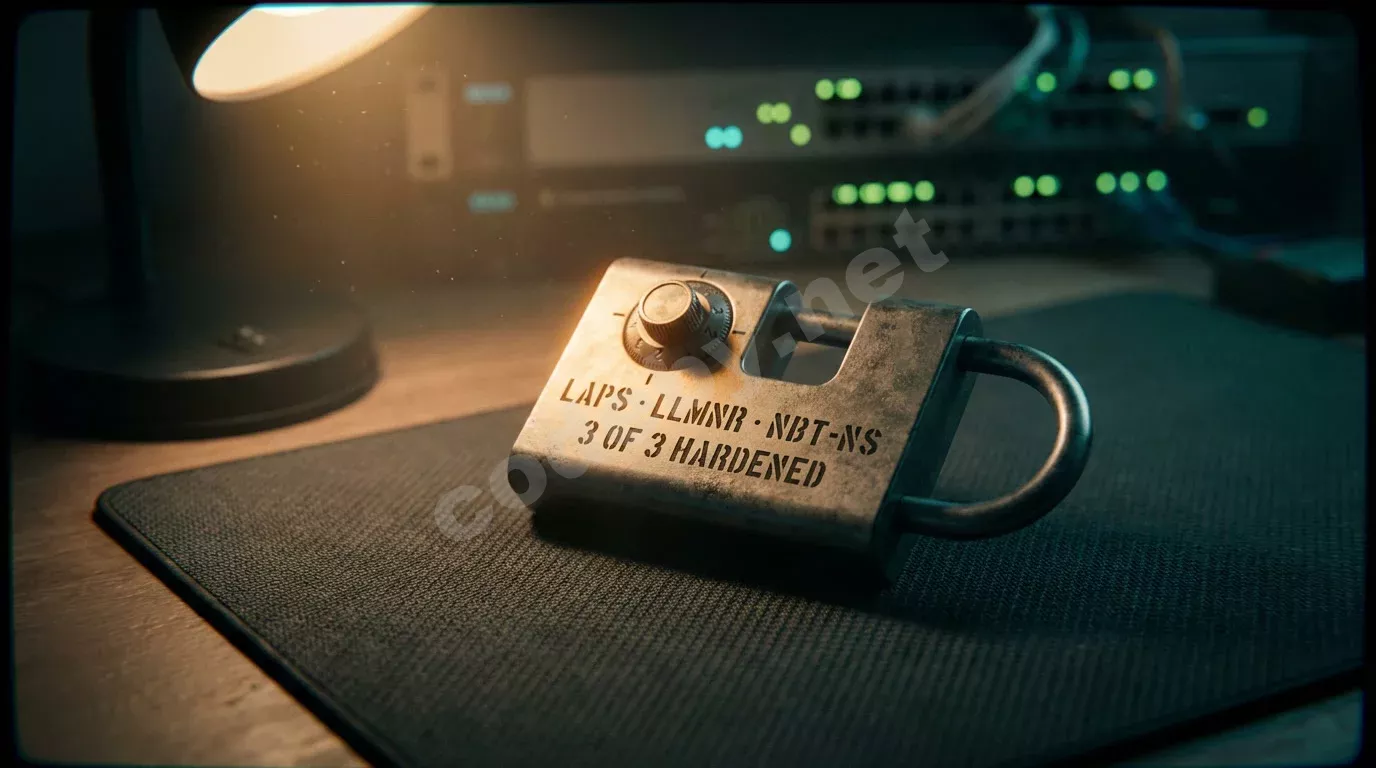 Кодовый замок на тёмном антистатическом коврике с надписями, выгравированными в стали. Янтарный свет настольной лампы освещает замок, фон растворяется в тёмно-бирюзовой тени с размытыми огнями сете...