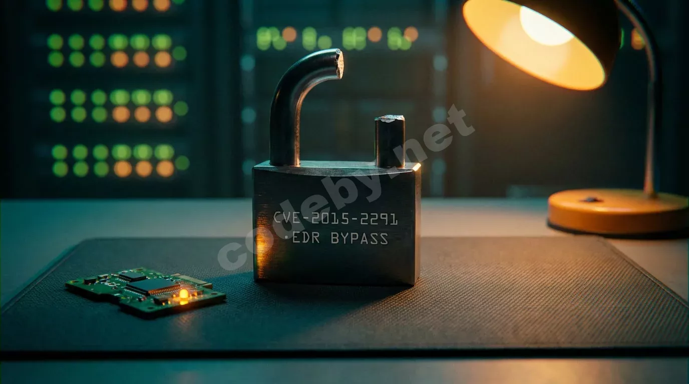 Обход EDR Windows — мониторы с кодом syscall и интерфейсами CrowdStrike и Defender в тёмной серверной комнате