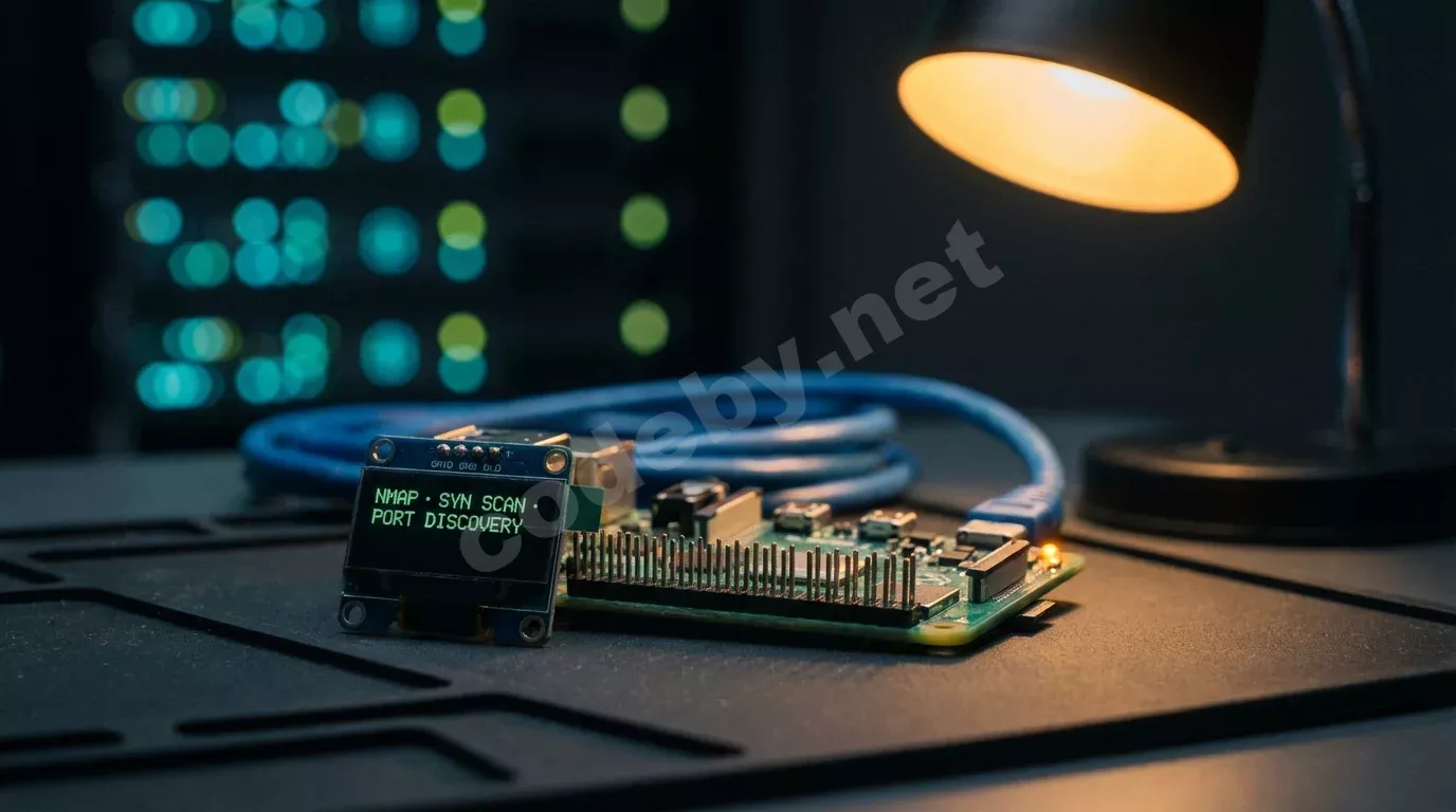 Одноплатный компьютер с открытыми контактами на тёмном антистатическом коврике. Экран отображает зелёный текст, янтарный светодиод светится рядом, в боке мерцают огни серверов.