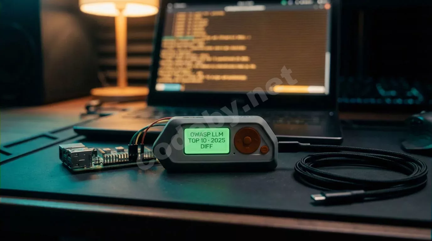 Флиппер Зеро и Raspberry Pi на тёмном антистатическом коврике, экран устройства светится зелёным текстом. Ноутбук на фоне отображает янтарный терминал в полумраке.