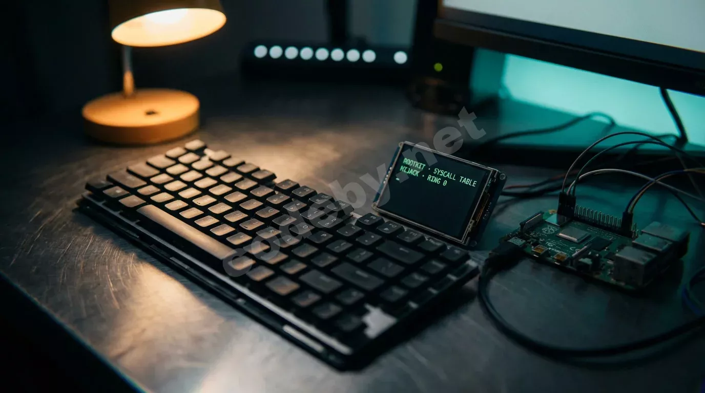 Разобранная клавиатура ноутбука на тёмном металле, снятые клавиши в сетке. Диагностический экран светится зелёным текстом, рядом Raspberry Pi с GPIO-пинами в тени.