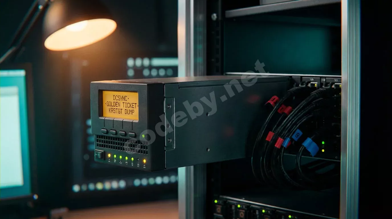 Серверный блейд, наполовину извлечённый из стойки, с янтарным текстом на LCD-дисплее. Тёплый свет лампы и холодное бирюзовое свечение монитора подчёркивают атмосферу ночной работы.