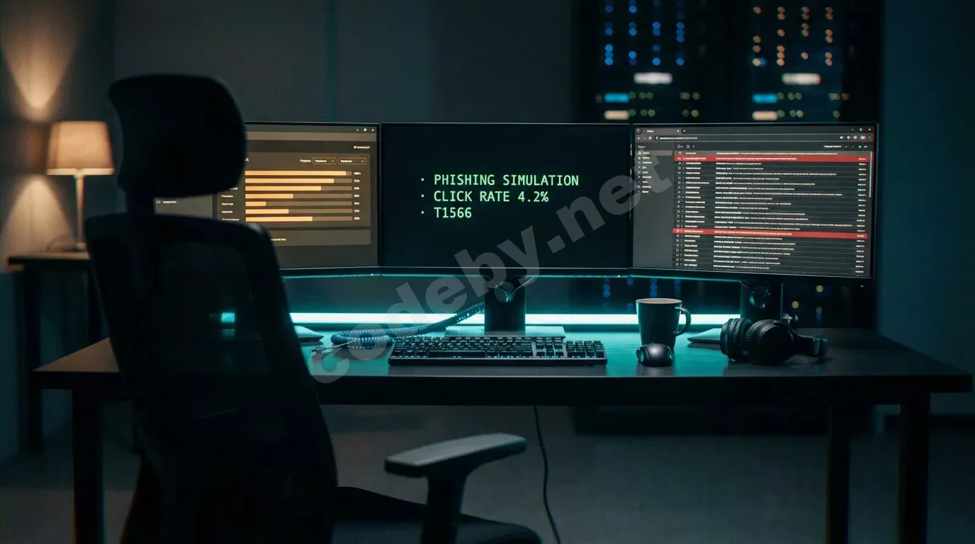 Рабочее место аналитика SOC ночью: три тёмных монитора с зелёным текстом статистики фишинга и янтарными шкалами прогресса. Холодный свет экранов падает на стол рядом с кружкой и наушниками.