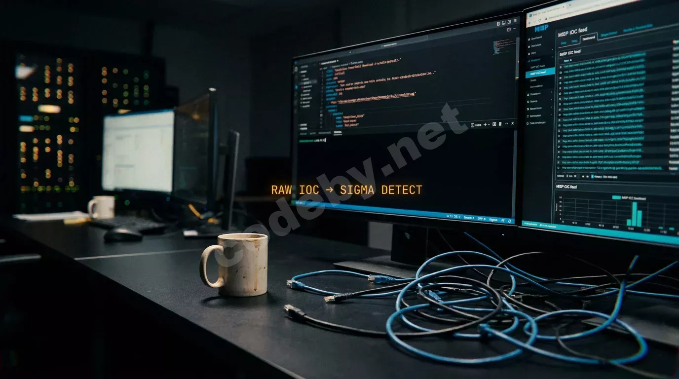 Ночной зал SOC, низкий ракурс с уровня стола. На мониторах — редактор Sigma-правил и панель MISP-фидов, янтарные символы терминала в полумраке.