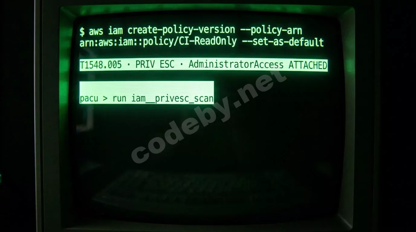Монитор с зелёным текстом на чёрном фоне отображает команды AWS CLI и вывод фреймворка для эскалации привилегий. Свечение фосфорных символов и полосы развёртки создают атмосферу хакерского терминала.