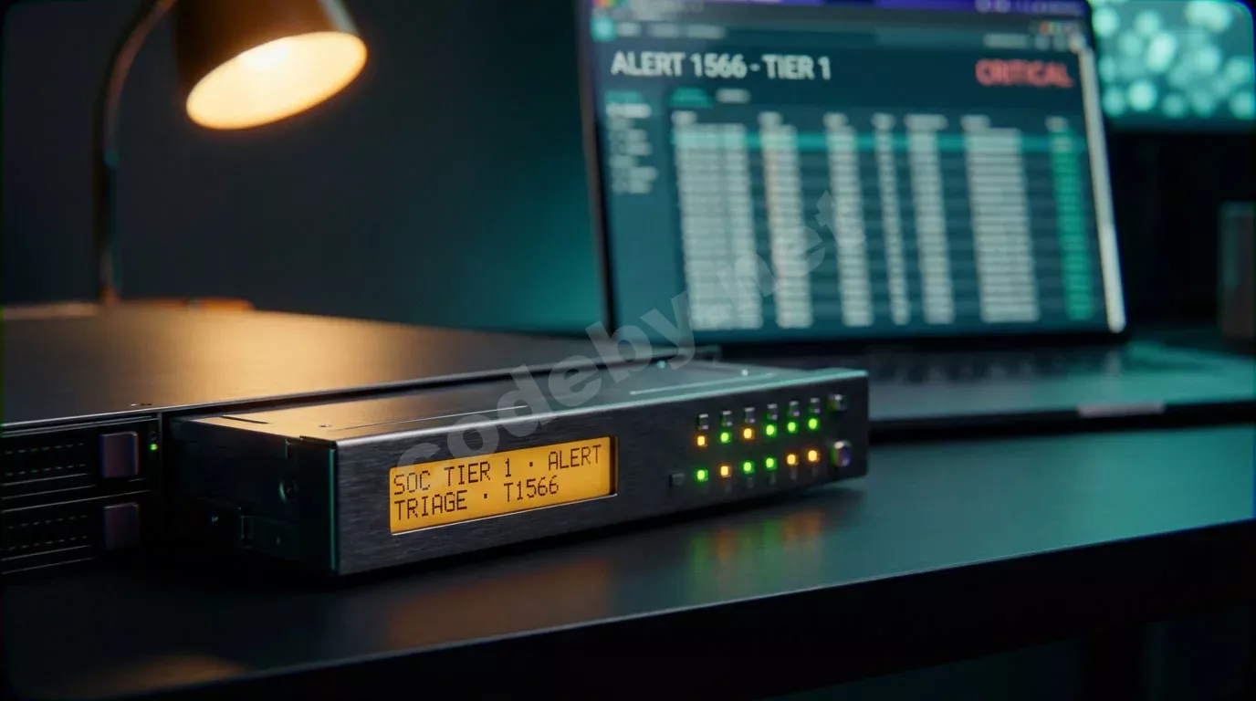 Серверный блейд выдвинут из стойки, на его панели светится янтарный текст с кодом алерта. Позади — ноутбук с колонками SIEM-дашборда в бирюзовом свечении.