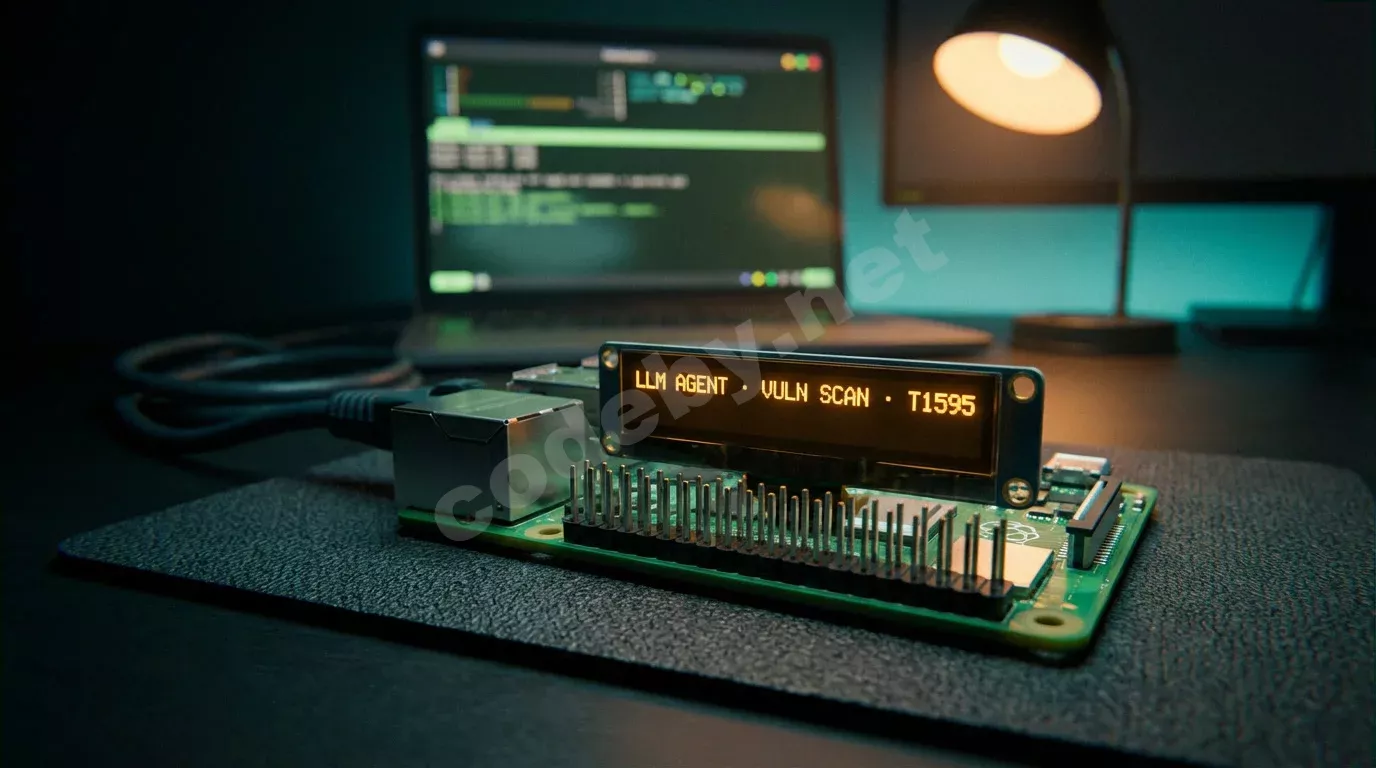 Raspberry Pi с открытыми контактами GPIO лежит на тёмном антистатическом коврике. Крошечный OLED-экран светится янтарным текстом, рядом — ноутбук с зелёным терминалом в мягком боке.