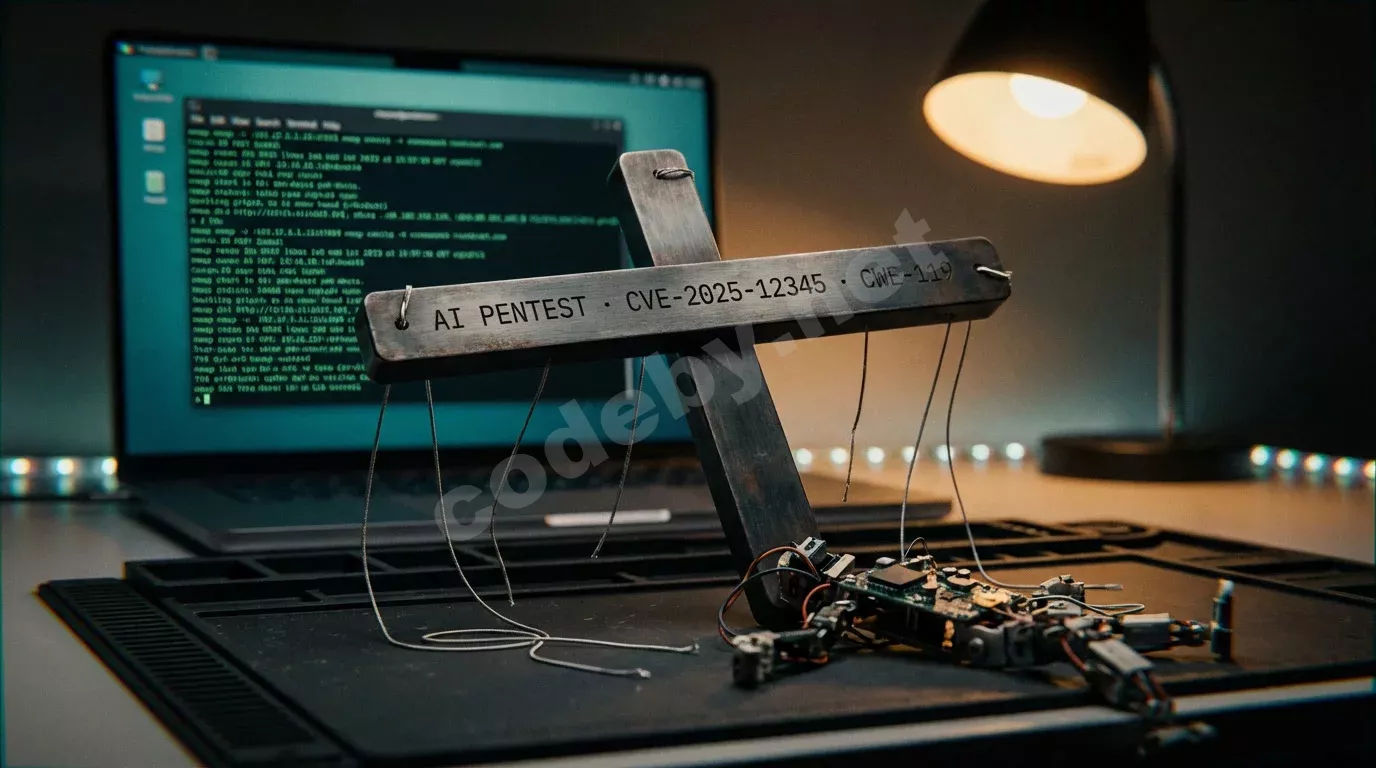 Стальная крестовина марионетки с обрезанными нитями над разобранной платой. Экран ноутбука отбрасывает бирюзовый свет терминала на сцену.