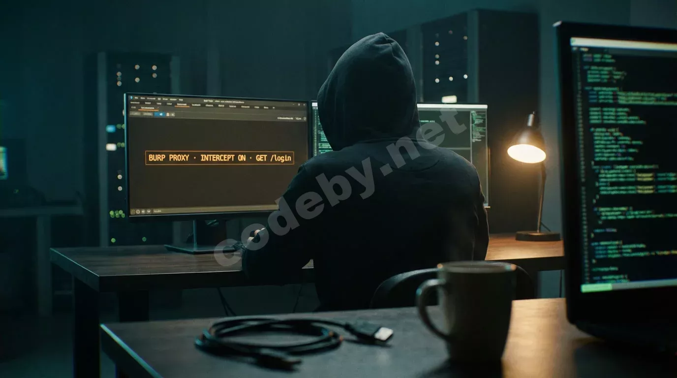 Исследователь безопасности за тёмным столом, два монитора освещают комнату. На экранах — интерфейс перехвата HTTP-запросов в янтарном и зелёном свете.