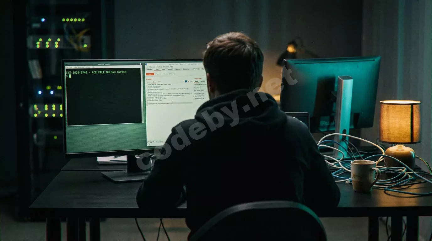Исследователь безопасности за тёмным столом, два монитора освещают комнату: на экране терминал с зелёным текстом и окно Burp Suite, рядом спутанные кабели и кружка кофе.