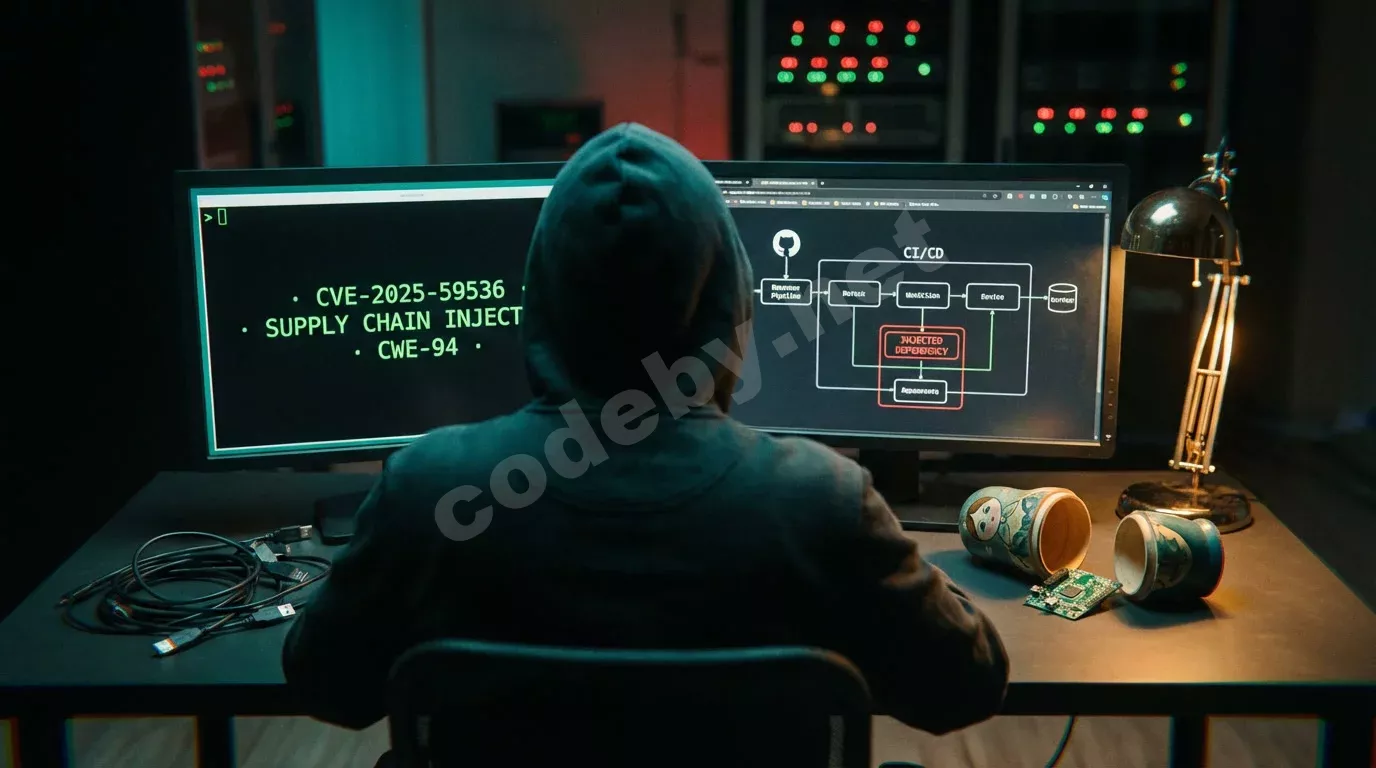 Исследователь безопасности за тёмной рабочей станцией с двумя мониторами. На столе треснувшая матрёшка с платой внутри, экраны отбрасывают синеватый свет.