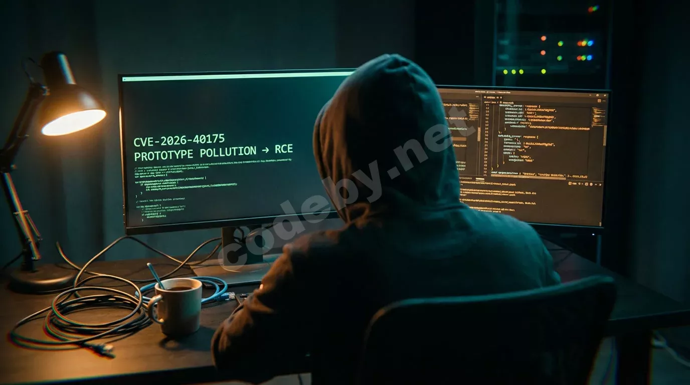 Исследователь безопасности сидит спиной к камере перед двумя тёмными мониторами с зелёным терминальным текстом и янтарными логами. Бирюзовый свет экранов падает на капюшон, глубокие тени поглощают...