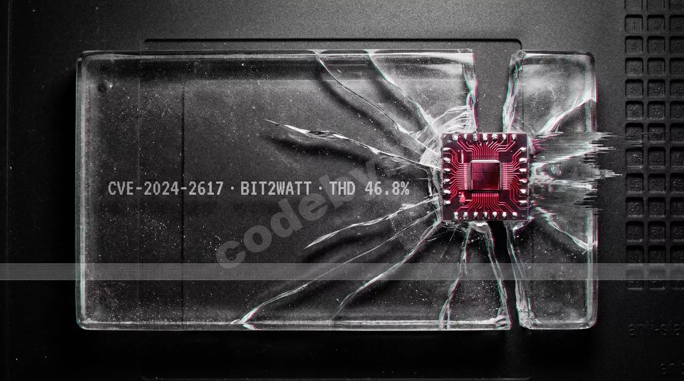 Треснувший стеклянный изолятор энергосети с вмонтированным кристаллом GPU, светящимся красным. На поверхности выгравированы технические маркировки, макросъёмка в криминалистической палитре.