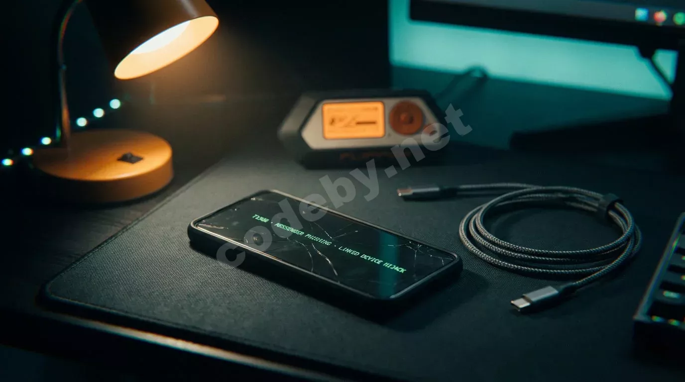 Смартфон экраном вниз на тёмном антистатическом коврике с трещиной на стекле и зелёным свечением текста. Рядом кабель USB-C, в боке — устройство Flipper Zero с тусклым дисплеем.