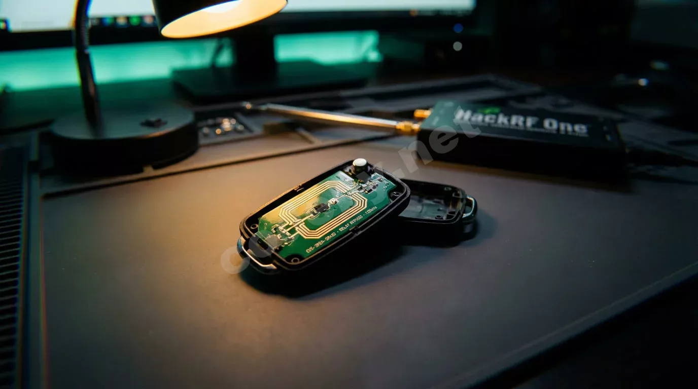 Вскрытый брелок автомобильного ключа на антистатическом коврике, плата с золотыми антенными дорожками в тёплом янтарном свете. Рядом SDR-приёмник HackRF One в мягком расфокусе, бирюзовое свечение м...