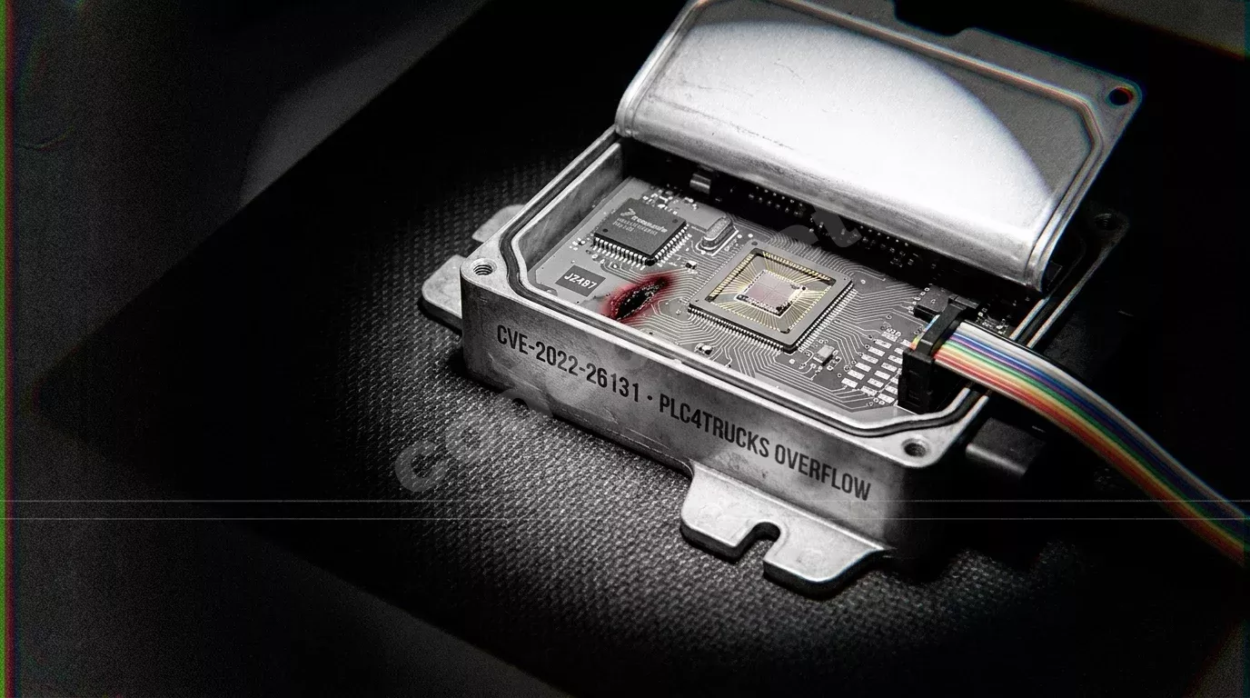 Плата тормозного ЭБУ Bendix EC80 на чёрном антистатическом коврике под светом лупы: вскрытый корпус микроконтроллера, обугленная дорожка у шины J2497 и подключённый JTAG-шлейф.