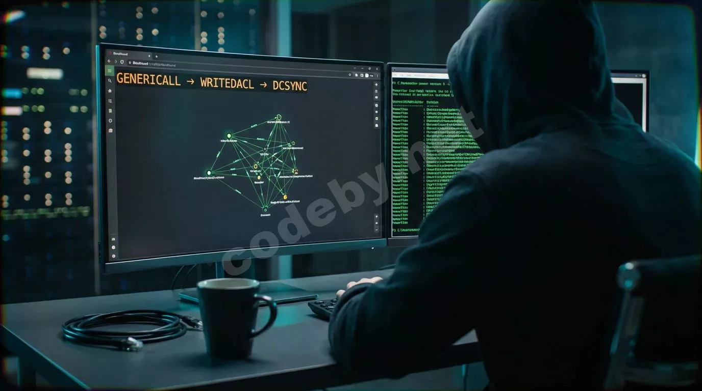 Исследователь безопасности за тёмной рабочей станцией с двумя мониторами: граф атак BloodHound и терминал PowerView. Янтарное свечение экранов освещает худи и стол.