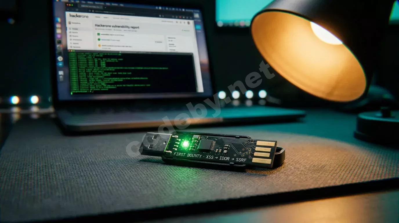 Вскрытый USB-накопитель на тёмном антистатическом коврике с подсвеченной платой и надписью о типах уязвимостей. На заднем плане в боке светится экран ноутбука с отчётом об уязвимости.