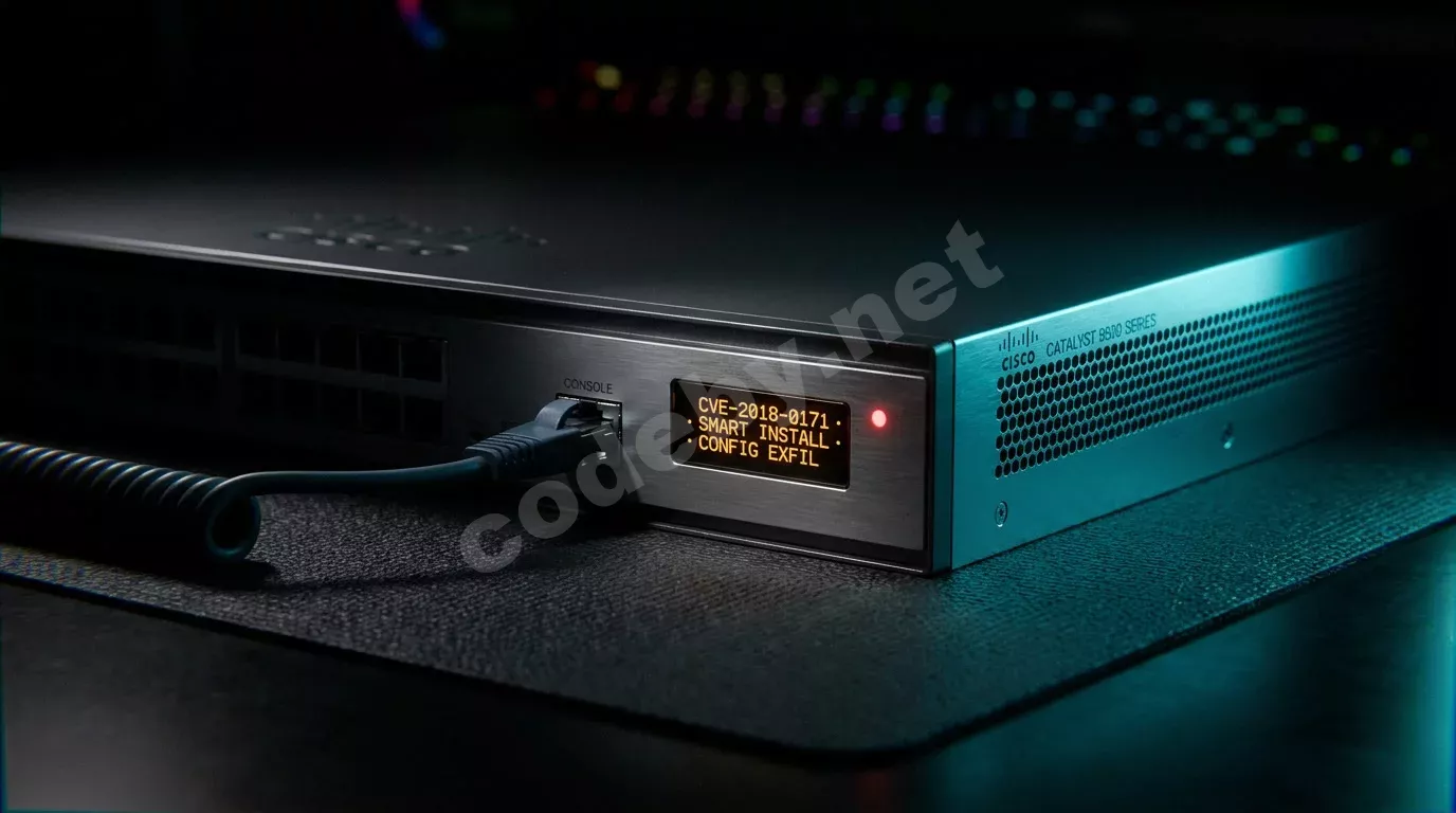 Маршрутизатор Cisco на тёмном антистатическом коврике с консольным кабелем. Дисплей устройства светится янтарным текстом, синий акцентный свет подчёркивает вентиляционные решётки корпуса.
