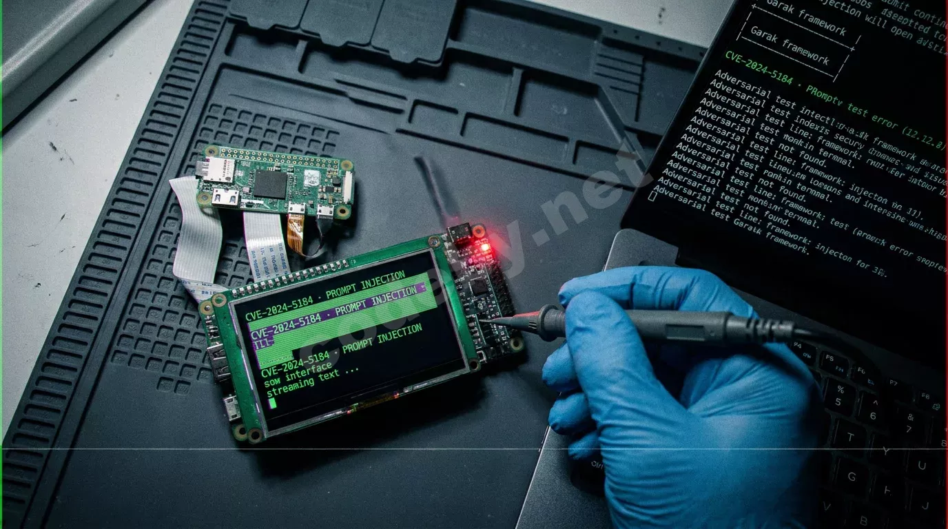 Рука в синей перчатке держит щуп над платой Raspberry Pi. Экран ноутбука отображает зелёный текст с кодом уязвимости на тёмном фоне.