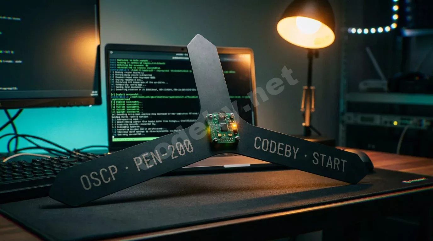 Стальной указатель с двумя стрелками стоит на чёрном антистатическом коврике рядом с ноутбуком, экран которого светится зелёным терминалом. Янтарный свет лампы и бирюзовое свечение монитора создают...