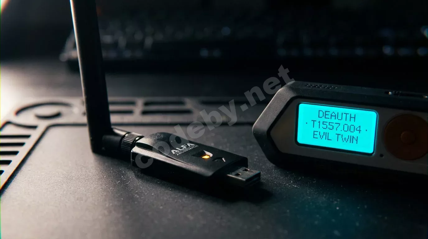 USB-адаптер Wi-Fi с антенной и устройством Flipper Zero на тёмном антистатическом коврике. Янтарный светодиод адаптера и циановый экран создают контрастное освещение.