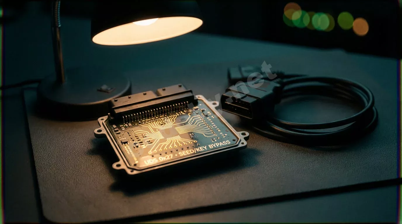 Разобранный автомобильный блок управления на тёмном антистатическом коврике с обнажённой платой и золотистыми дорожками. Рядом лежит диагностический разъём OBD-II, уходящий кабелем в тень.