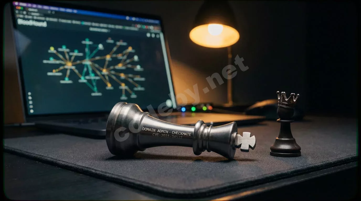 Поверженная шахматная фигура короля на тёмной поверхности рядом с пешкой в миниатюрной короне. На фоне светится граф атак BloodHound в янтарно-бирюзовых тонах.