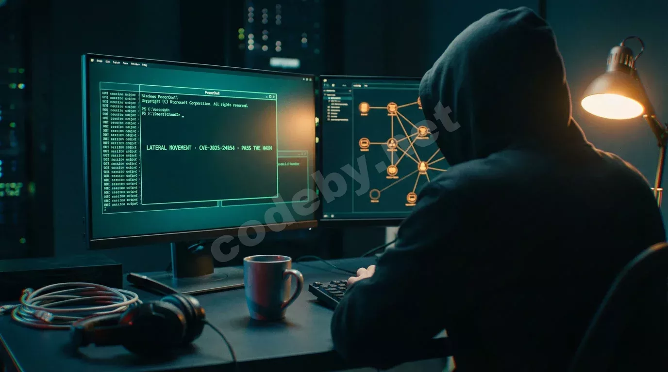 Исследователь безопасности за тёмной рабочей станцией с двумя мониторами: на одном — зелёный терминал PowerShell с WMI-командами, на другом — топология сети. Холодный свет экранов освещает плечи, н...