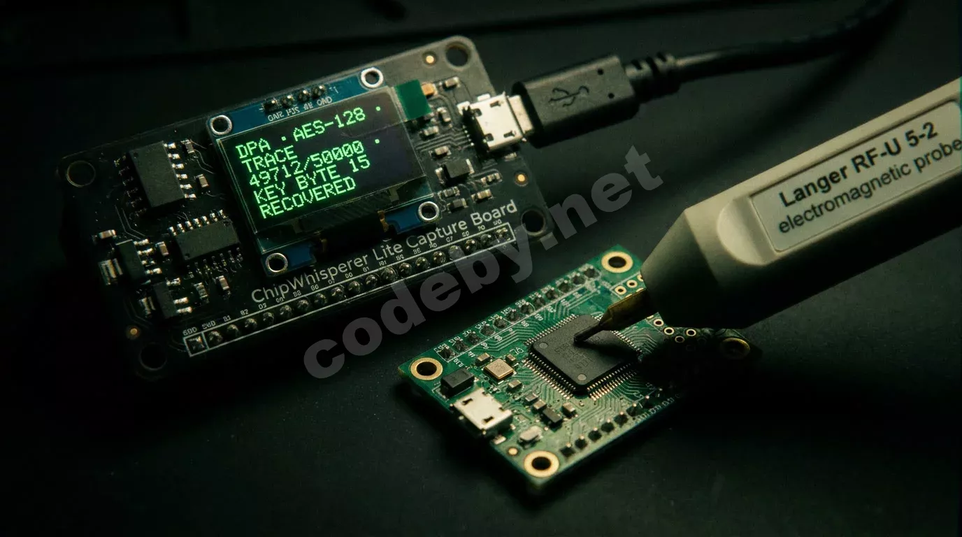 Плата ChipWhisperer Lite на антистатическом коврике с электромагнитным зондом у микроконтроллера STM32. Дисплей светится зелёным, отображая прогресс DPA-атаки на AES-128.