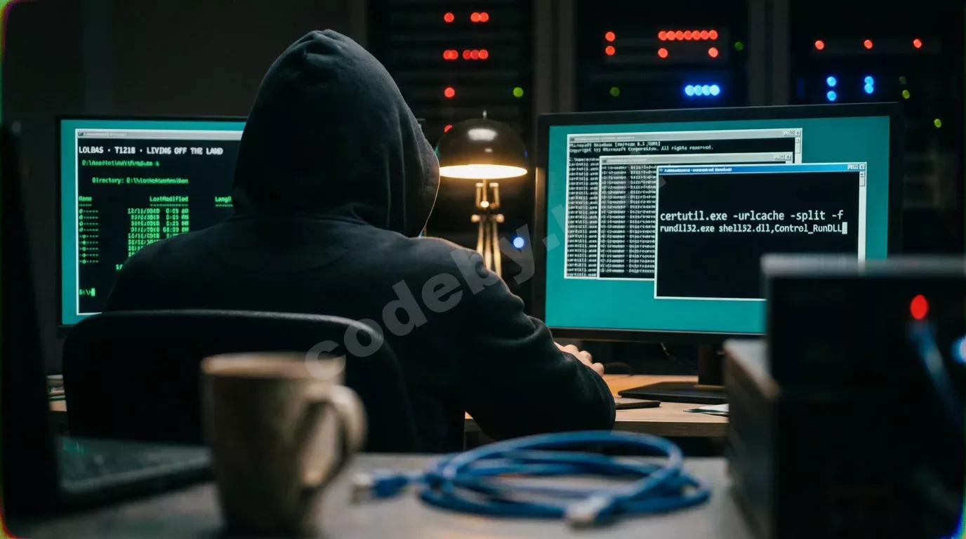 Исследователь безопасности за тёмным столом с двумя мониторами: на экранах — терминал Windows с зелёным текстом и командная строка. Бирюзовый свет мониторов освещает худи и стол.