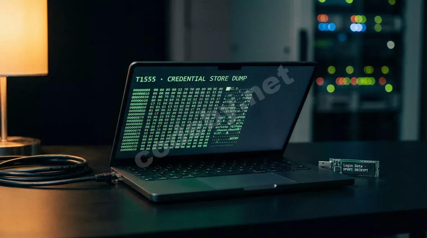 Полуоткрытый ноутбук на чёрном столе светит терминалом с зелёным текстом дампа учётных данных. Рядом лежит USB-накопитель с открытой платой и свёрнутый кабель, уходящий в тень.