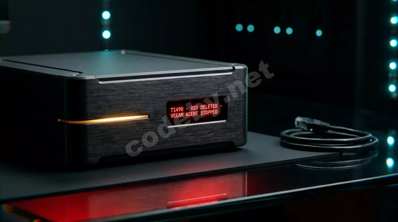 Резервный NAS-накопитель на тёмном антистатическом коврике с красным OLED-дисплеем, отображающим системные предупреждения. Отключённый кабель уходит в тень, янтарный свет скользит по матовому метал...